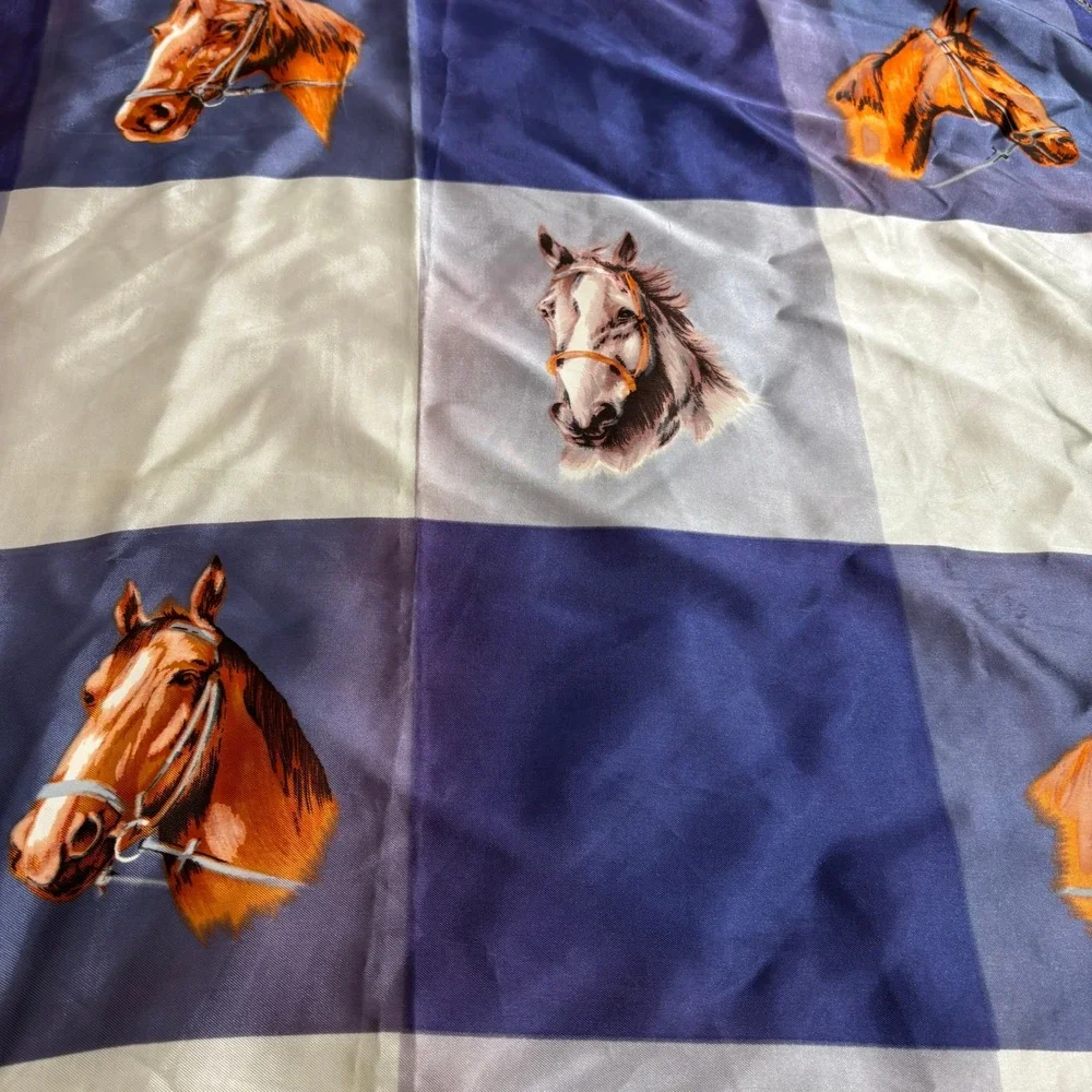 Vintage Horse Scarf Blue‎ White Plaid Equestrian Satin Square Neck Scarf Art SEE